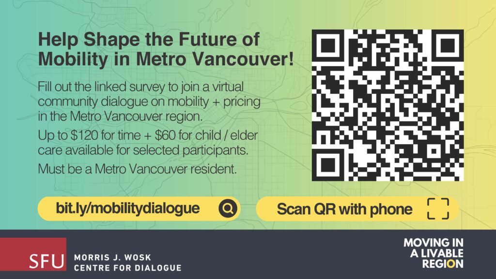 Instruction text for the Mobility Pricing community dialogues (repeated in the blog post) with a QR code link to the survey. bit.ly/mobilitydialogue