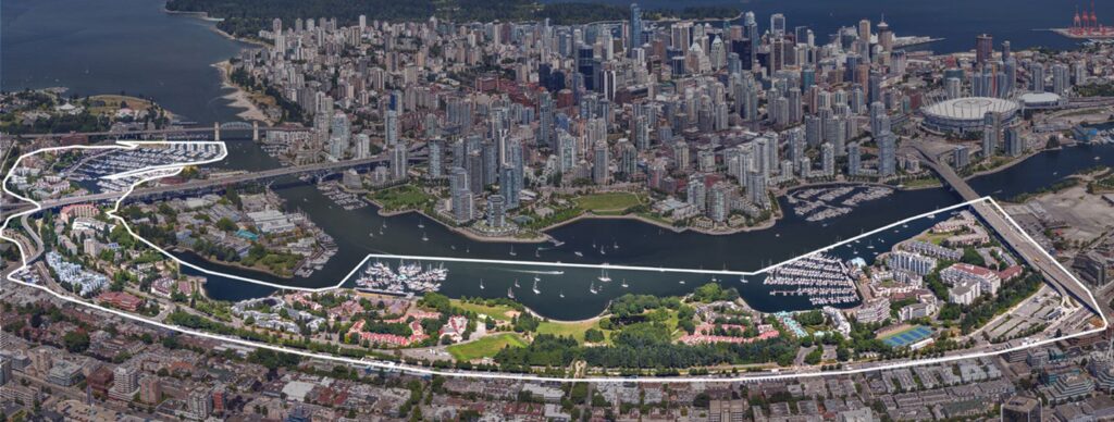 An aerial view of False Creek South looking Nnorth.