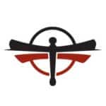 a black and red logo with a stylized drangonfly