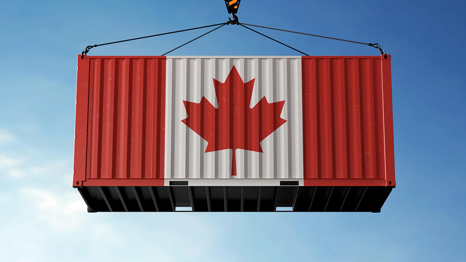 Shipping container painted with the Canadian flag being lifted by a crane