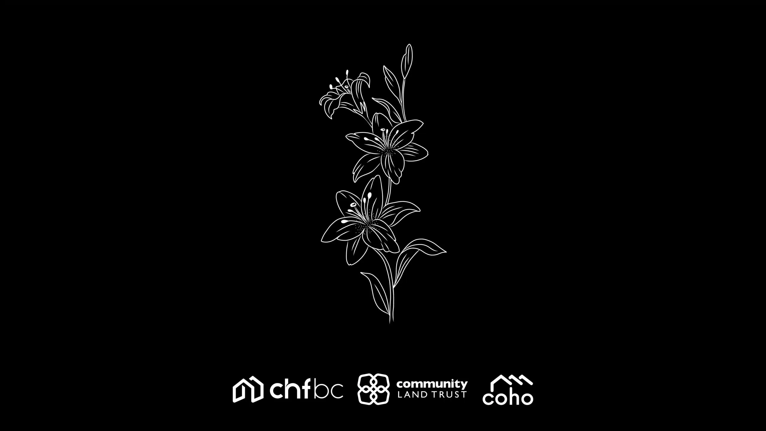 Condolence message featuring a white lily, with CHF BC, Community Land Trust and Coho logos