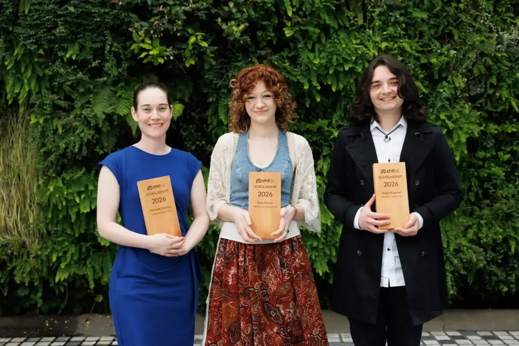 Three CHF BC scholarship recipients holding their 2026 awards